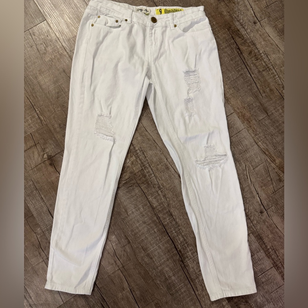 Indigo Rein Junior Women White Distressed Skinny‎ Jeans Size 9 Ripped Knee Thigh